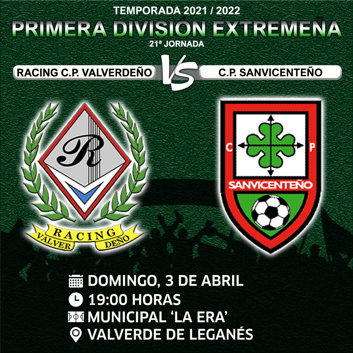 RacingValverde's tweet photo. Último partido de liga y volvemos a la Era!!
Los play off pasan por ganar este domingo en casa y por eso más que nunca te necesitamos!!
Vamos Racing!!

Racing Valverdeño Vs @Cpsanvi 

⏰ 19:00 H 

🏟 Municipal La Era https://t.co/axwTQG4tyQ