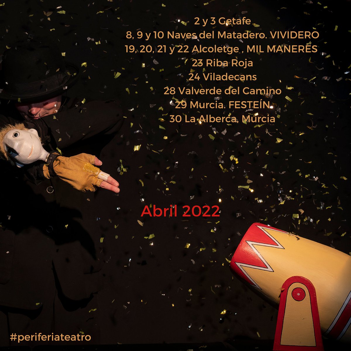 Y este mes de abril con #nubenube #guyiguyi y #vuelapluma. 
Emocionarse y disfrutar no tiene edad. 
Toda la info en periferiateatro.com
La foto es del genial Vicente A. Jimenez de nuestro paso por Teatre Escalante
#periferiapuppettheatre
