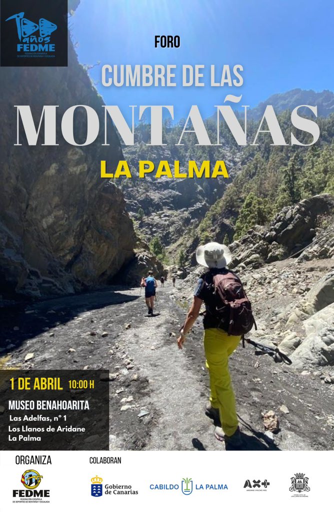 Hoy se celebra en #LaPalma la “Cumbre de las Montañas”, que reúne a la plana mayor del montañismo español, para apoyar la recuperación de la isla tras el volcán. <a href="/fedme_es/">Fedme</a> <a href="/seguridadriesgo/">Alberto Ayora</a> <a href="/avtorresp/">Ángel Víctor Torres Pérez</a> <a href="/EcologicaGobCan/">Transición Ecológica y Energía</a> <a href="/MedioAmbienteLP/">Consejería de Medio Ambiente-Cabildo de La Palma</a> #somosmontaña
#VistLaPalma
#WalkingLaPalma