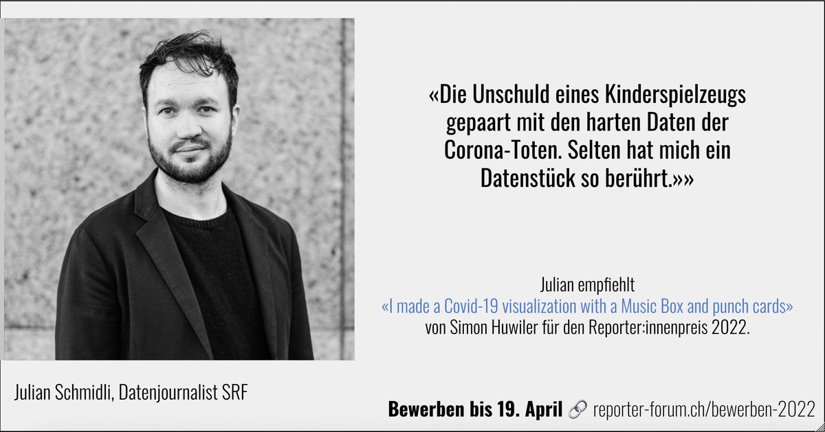reporterforumCH's tweet photo. Welche Daten schrieben 2021 die beste Geschichte? @julianschmidli nominiert @simon_huwiler für den #ReporterInnenpreis 2022. https://t.co/1YbhWeNIYg