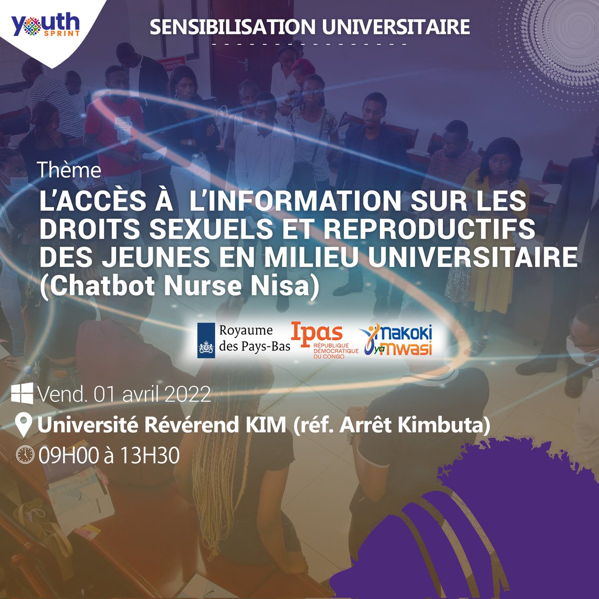 LabamaDivine's tweet photo. Le mouvement @YouthSprint organise une activité de sensibilisation universitaire, ce vendredi 1/04, dans le district de la tshangu sur le thème l'accès à l'information sur les droits sexuels et reproductifs des jeunes (chatbot Nurse Nissa).
@MakokiYaMwasi 
@NLkinbrazza https://t.co/Jt4qEyWk7V