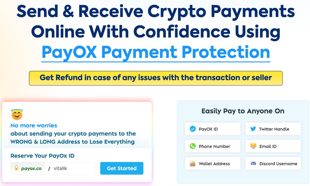 ComingSoon:World's 1st Crypto Payment Platform w/ 𝙍𝙀𝙁𝙐𝙉𝘿 Feature for Buyers.Send Crypto to Anyone online w/ Confidence.#NeverGetScamOnline #web3 #crypto #payox #Industry1st #CustomRefundPolicy #P2PPayments #PayAnyEmail #PayAnyPhoneNo #PayAnyTwitterID #PayAnyone #VanityURL