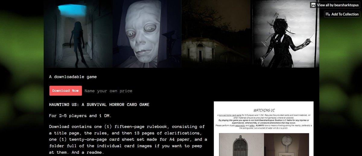 Hello, everyone. I have just released a new game that I've been working on for a bit. It's called "Watching Us", and it is a survival horror card game based around creepypasta, slenderman stories, and analog horror.

Game is print-and-cut. It's also 100% free. Link in the reply!
