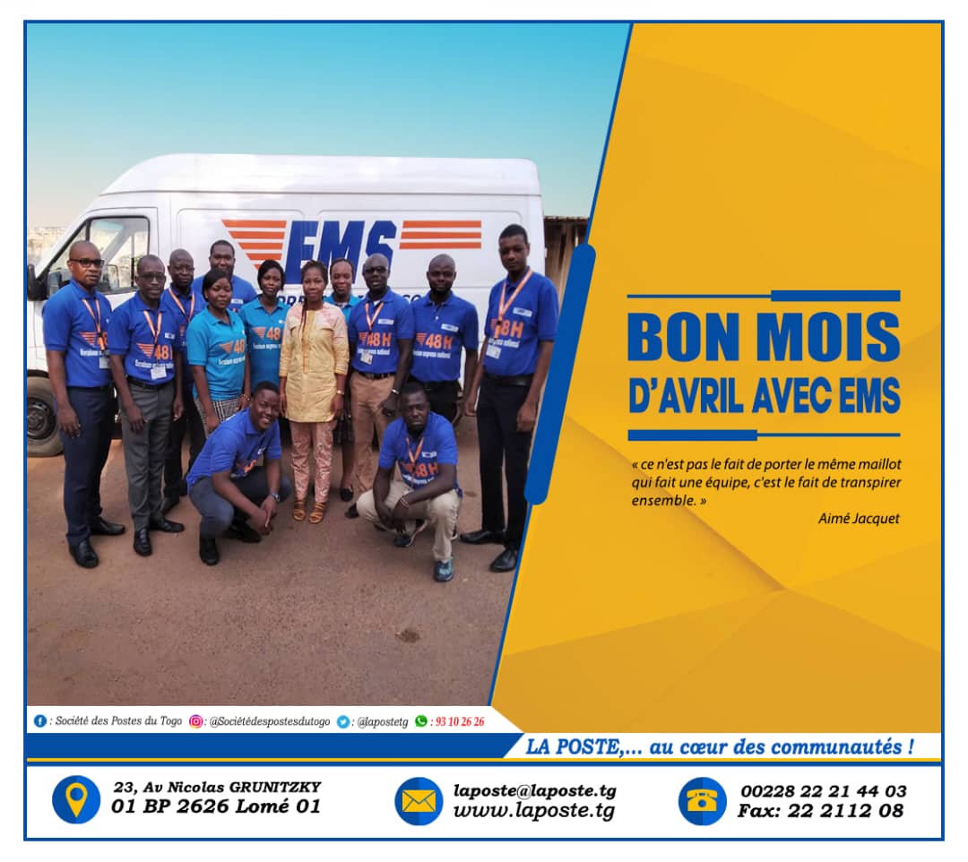 LaPosteTG's tweet photo. Bon mois d'Avril avec notre service Express EMS
Info: 93102626
LA POSTE,...au cœur des communautés !
#LAPOSTE...#TOGO...#EMS...#BONMOISDAVRIL... https://t.co/TDRiqKpvrh