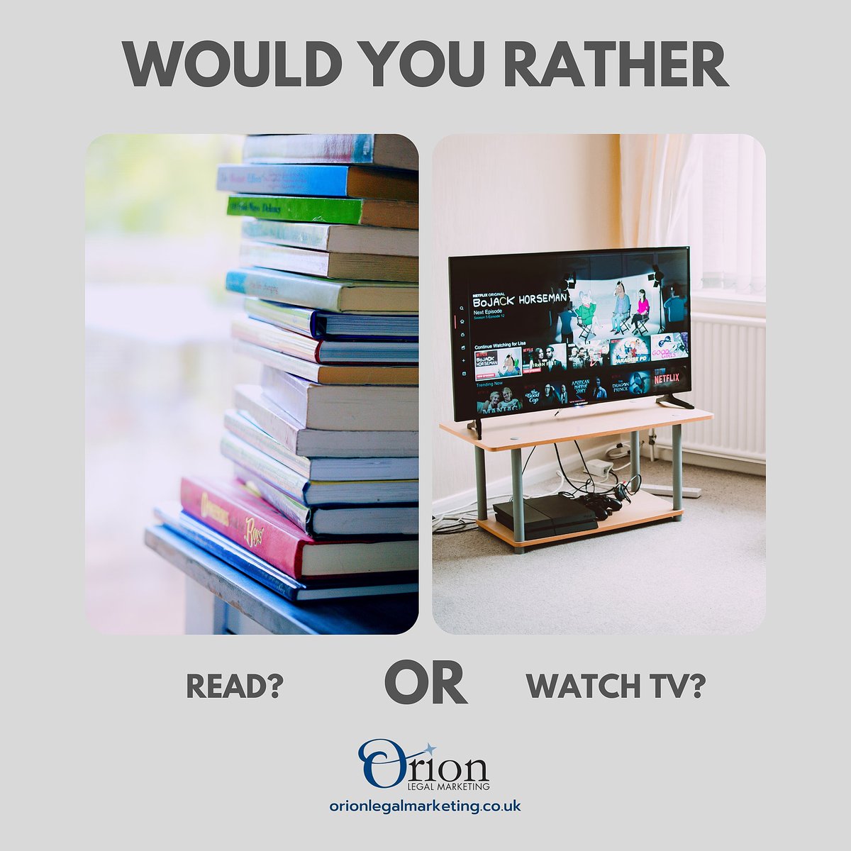 OrionLegalMktg's tweet photo. Here's a question for all you book lovers, and TV fans out there.
Would you rather read a book, or watch TV?
#wouldyourather #thisorthat #booklover #tvbuff #lovetoread #cgi https://t.co/WMhehKqL79