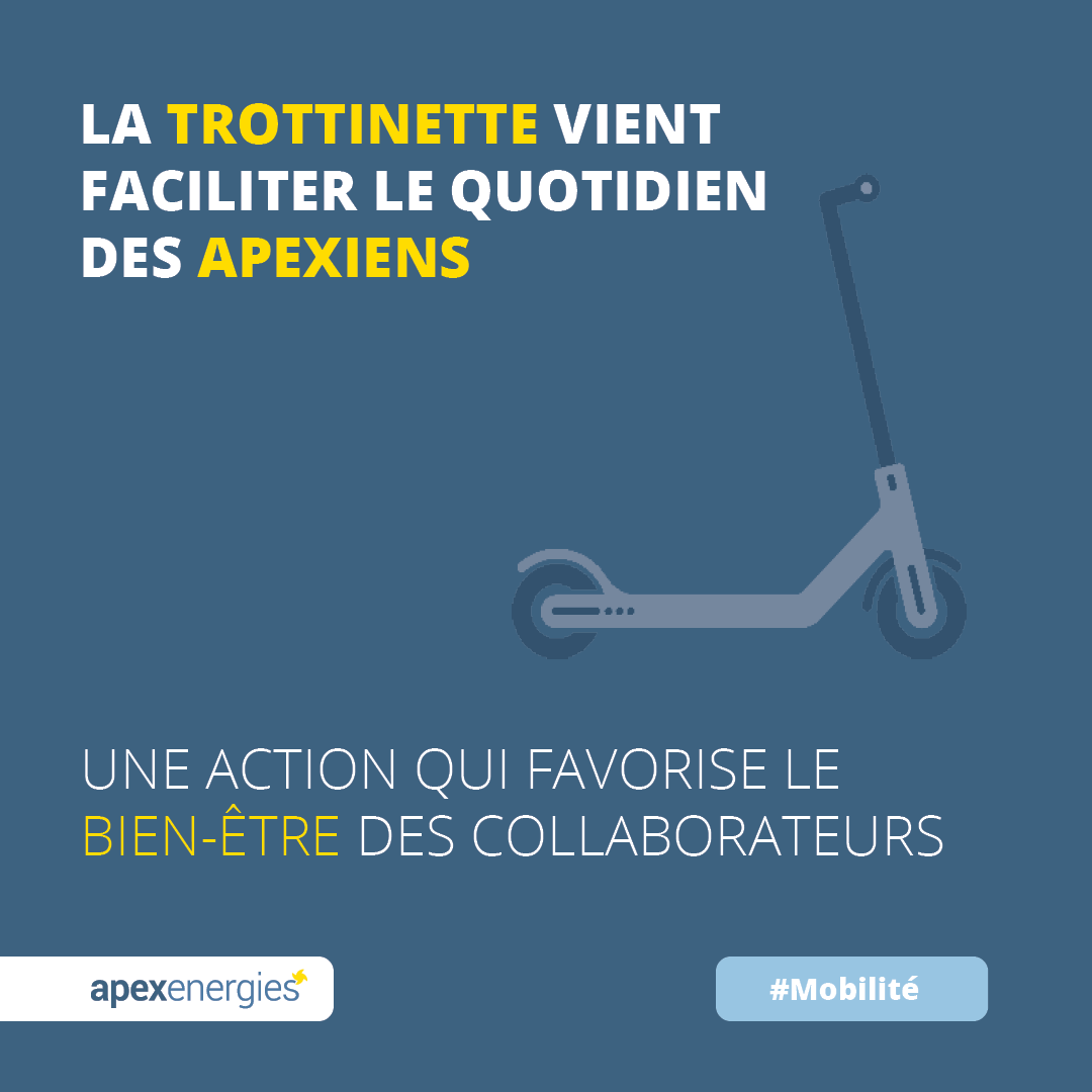 Apex_Energies's tweet photo. RSE  - BIEN-ÊTRE AU TRAVAIL - Apex Energies est heureux d’annoncer son partenariat avec @MobilityTrivia, spécialiste de mobilité professionnelle. 🤝

Des trottinettes électriques ont été mises à la disposition des collaborateurs d’Apex Energies. 🛴

▶ https://t.co/ZjhO1Eset5 https://t.co/1yOQPXEQfP