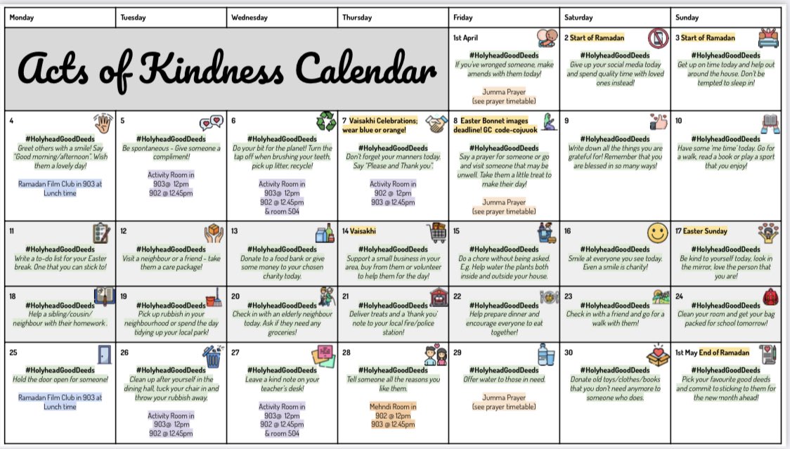HolyheadHums's tweet photo. It’s the first of April and that means only one thing - the launch of our Acts of Kindess Calendar!  We are so excited to see everyone celebrating Ramadan, Vaisakhi and Easter in our @holyhead_school community 🎉 #HolyheadGoodDeeds https://t.co/xnJj4IJxdb