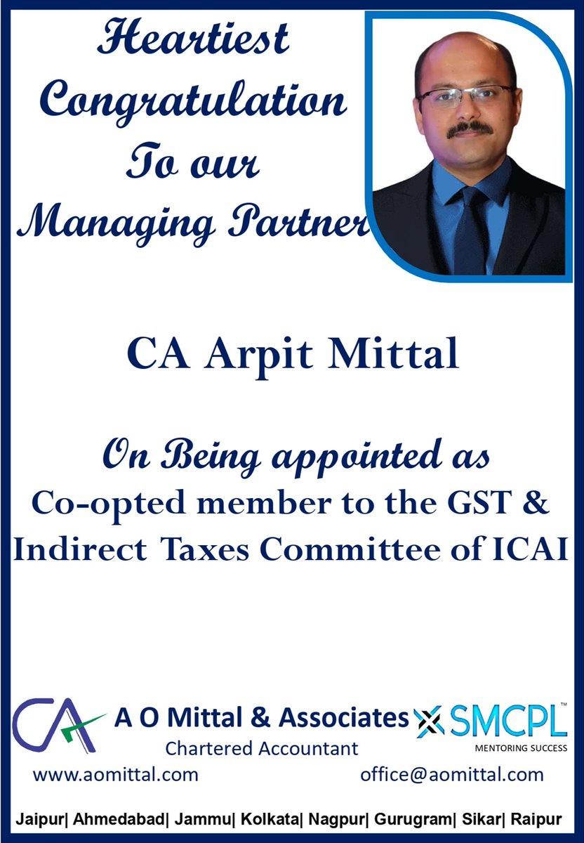 caaomittal's tweet photo. heartiest congratulations to our managing partner @caarpit83 to being appointed as Co-opted Member of “GST &amp; Indirect Taxes Committee” of @theicai 
Thanks to @theicai @ruwatiaofficial https://t.co/kLwC6dZuMr