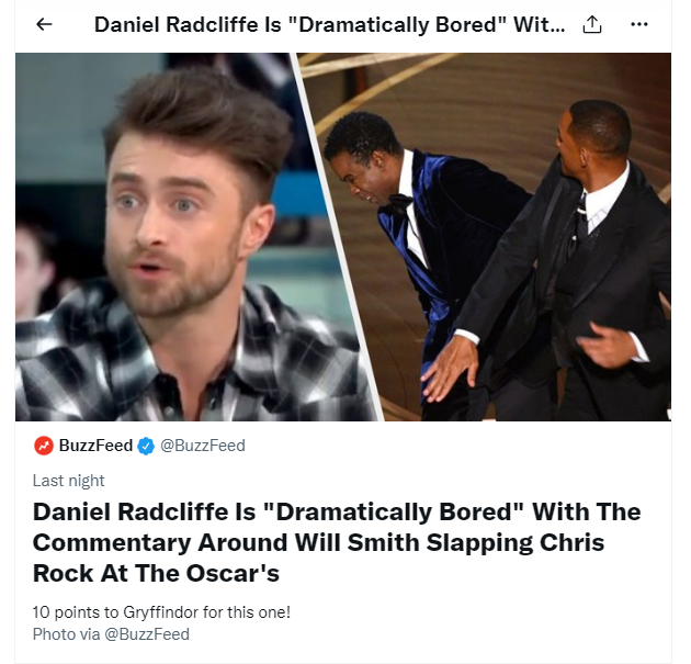 TPeeTShirts's tweet photo. So nice of Radcliffe to be "dramatically bored" of relational aggression &amp; abuse... esp. women using men to enact violence towards others...

#danielradcliffe #relationalabuse #abuse #spousalabuse #slap #oscars #coercivecontrol #willsmith #chrisrock #jadapinkettsmith #buzzfeed https://t.co/94ibA9cvaa