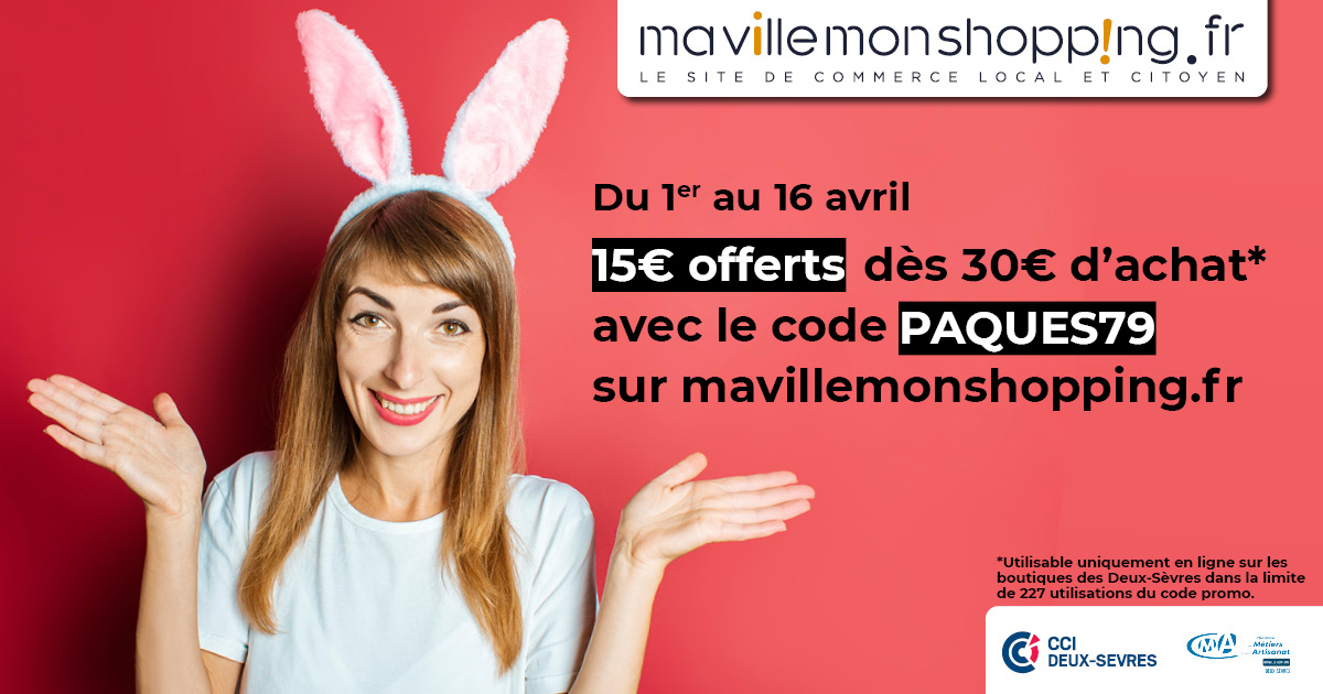 Du 1/04 au 16/04, 15€ offerts dès 30€ d'achat avec le code PAQUES79 sur mavillemonshopping.fr 🔔 🐣 * 
Commerçants faites-en profiter vos clients !
*Valable en ligne sur les boutiques des Deux-Sèvres sur les 227 premières commandes 
#codepromo