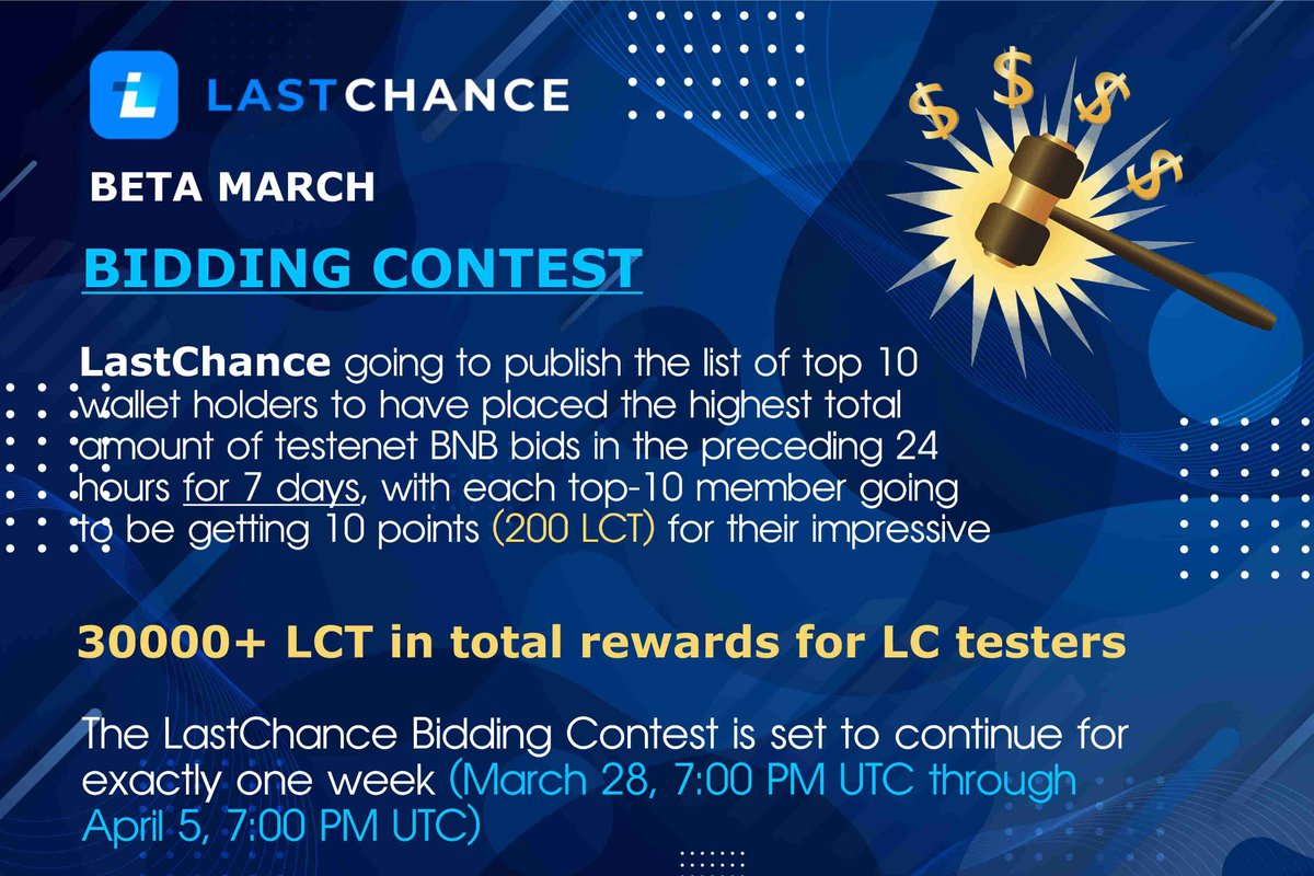 AlinaIce2's tweet photo. Don’t miss Bidding contest! 🔥
@LastChance_auc

#LastChance #Chancers #Blockchain #LastChanceAmbassador #CryptoAuctions 
#BinanceSmartChain #BNB #LCT #Web3 https://t.co/YEE3qvY8Xu