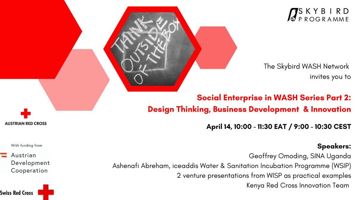 #WASHTwitter, register for pt 2 of our #SocialEnterprise in #WASH online event series. It's getting more practical w/ a focus on design thinking, business development & innovation. Inputs from @WeAreSina, @iceaddis & 2 ventures & @iome005/ @KenyaRedCross
🔗cutt.ly/HDGo1uI