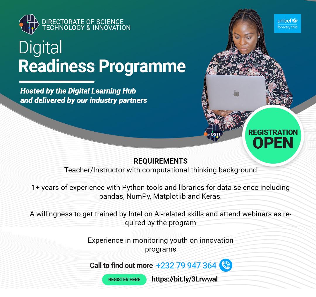 DSTISierraLeone's tweet photo. Gain in-demand digital skills for FREE!  

✅REGISTER NOW for the #Digital Readiness Programme hosted by the  #DigitalLearningHub at IPAM. 

CLICK HERE: https://t.co/C3npvpYqIF https://t.co/h2QFy9x1wj
