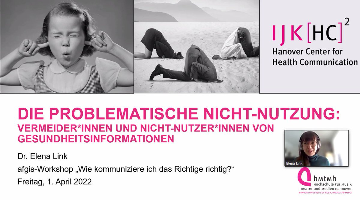 medinfode's tweet photo. . @afgis_de-#Workshop "Wie kommuniziere ich das Richtige richtig?". Zweiter Vortrag von @ElenaLink11:  "Die problematische Nicht-Nutzung: Vermeider*innen und Nicht-Nutzer*innen von #Gesundheitsinformationen." 
#Wissensvermeidung #Informationsueberlastung https://t.co/Ef4lbokPnP