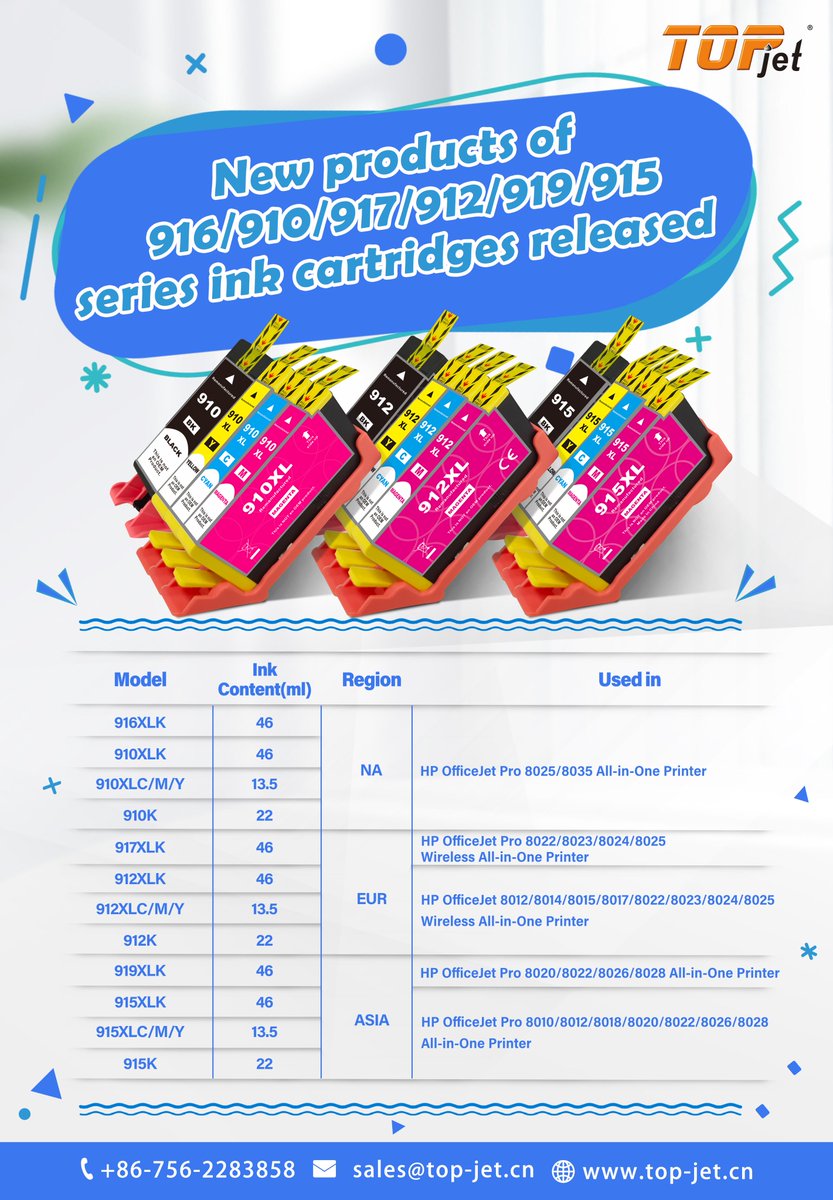 TopjetTech's tweet photo. 🤡April is coming with April Fool's Day，New products also coming！
Topjet New Ink Cartridges🔥
of 910/912/915/962/963/964/965 Series Released Now！
Contact us for more information now!
#Topjet #Ink cartridges #April #April Fool's Day https://t.co/RN230E2U26