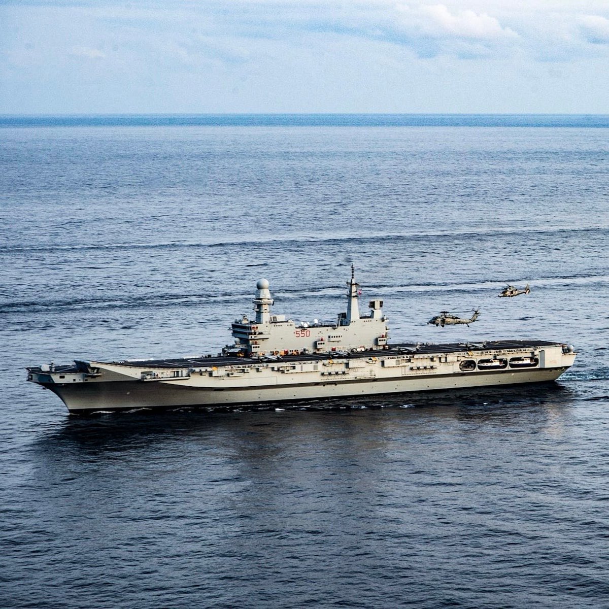 Italian Navy aircraft carrier Cavour C550 with four AVB8+ Harrier II jets on flight deck, during the recent joint operation with MN De Gaulle R91 and USN CVN75.
#WeAreNATO.