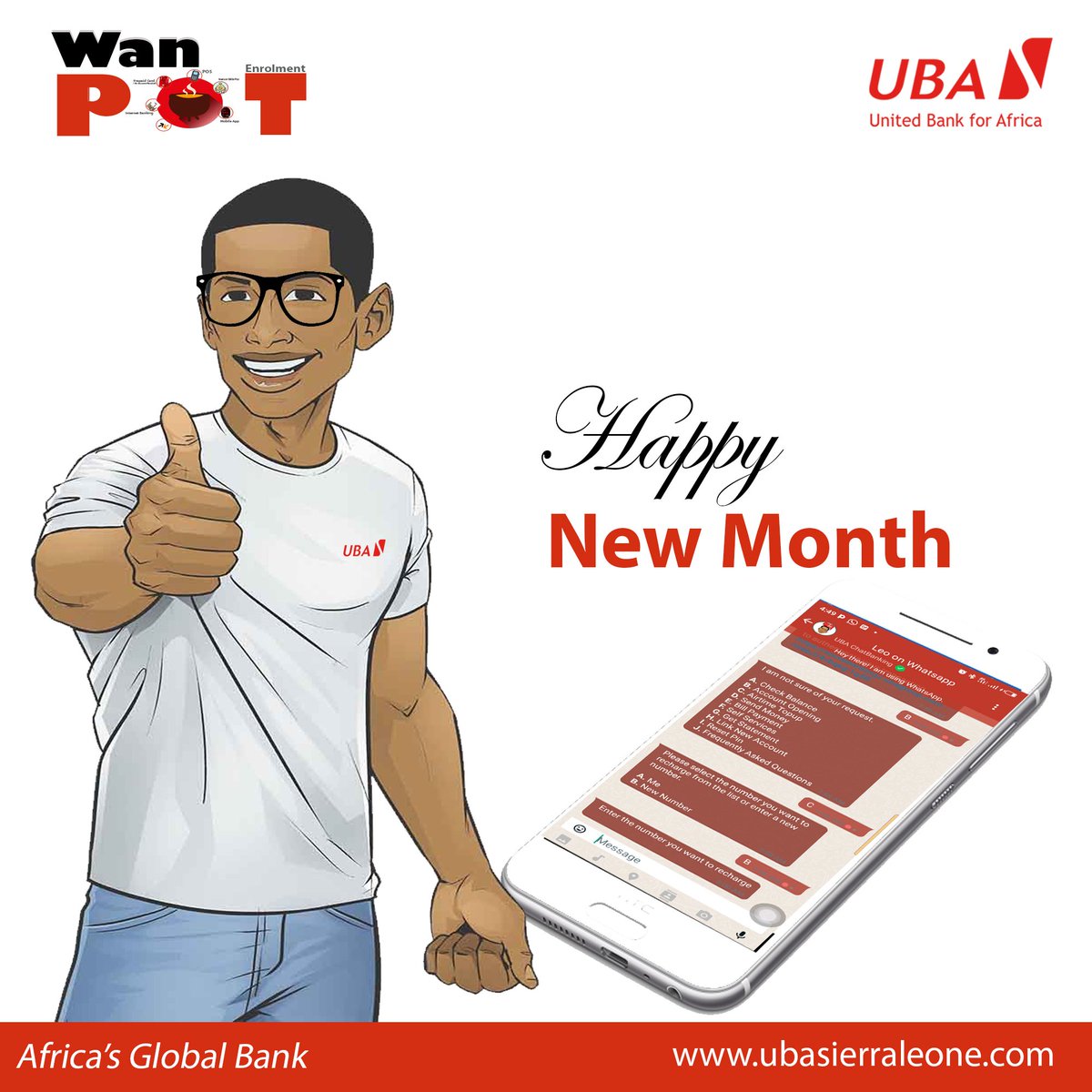 Goodbye March, Hello April

Enjoy this month of April by using Leo to Send Money, Buy Airtime, Check Account Balance, Pay Bills, and a lot more with ease and convenience. 

WhatsApp : +232 79 919 919
FB Messenger: m.me/ubachatbanking

#UBAVirtualBanker
#HappyNewMonth