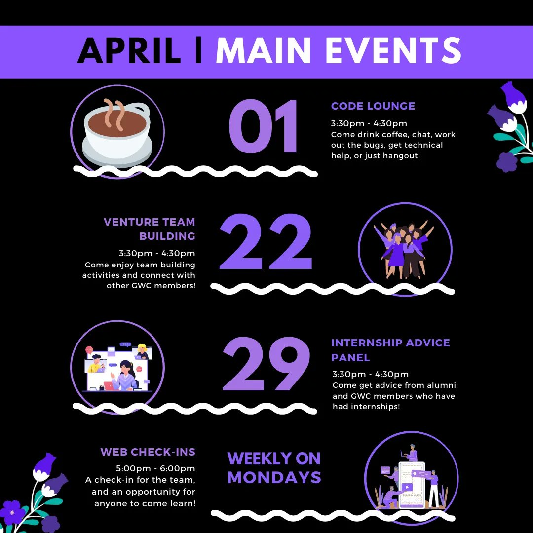 gwc_uncc's tweet image. It's April! 🌼
Mark your calendar for some awesome events this month! Read more: linkedin.com/posts/girls-wh…
#April #Events #MarkYourCalendar #JoinUs #Virtual #InPerson #Hybrid #ACMW #GirlsWhoCode #UNCCharlotte