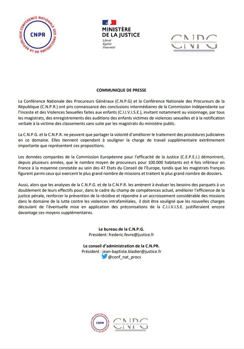 Communiqué de presse commun de la conférence nationale des procureurs généraux et de la <a href="/conf_nat_procs/">CNPR</a> suite à la publication des conclusions intermédiaires de la <a href="/CIIVISE_contact/">CIIVISE</a>.