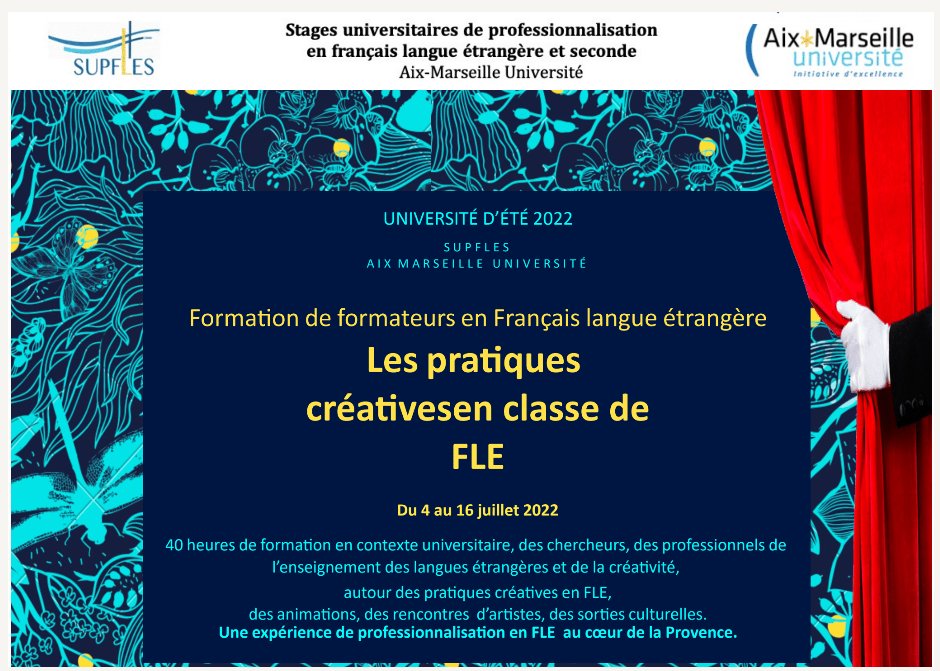 MarionTellier39's tweet photo. Stage SUPFLES pour profs de FLE: approche théorique + ateliers pratiques sur la créativité à Aix-en-Provence (France) du 4 au 16 juillet 2022
info: https://t.co/RCmr034R0y
#SUPFLES #FLE #créativité #AMU #SUL #DepFLE https://t.co/yrJp4PSRv3