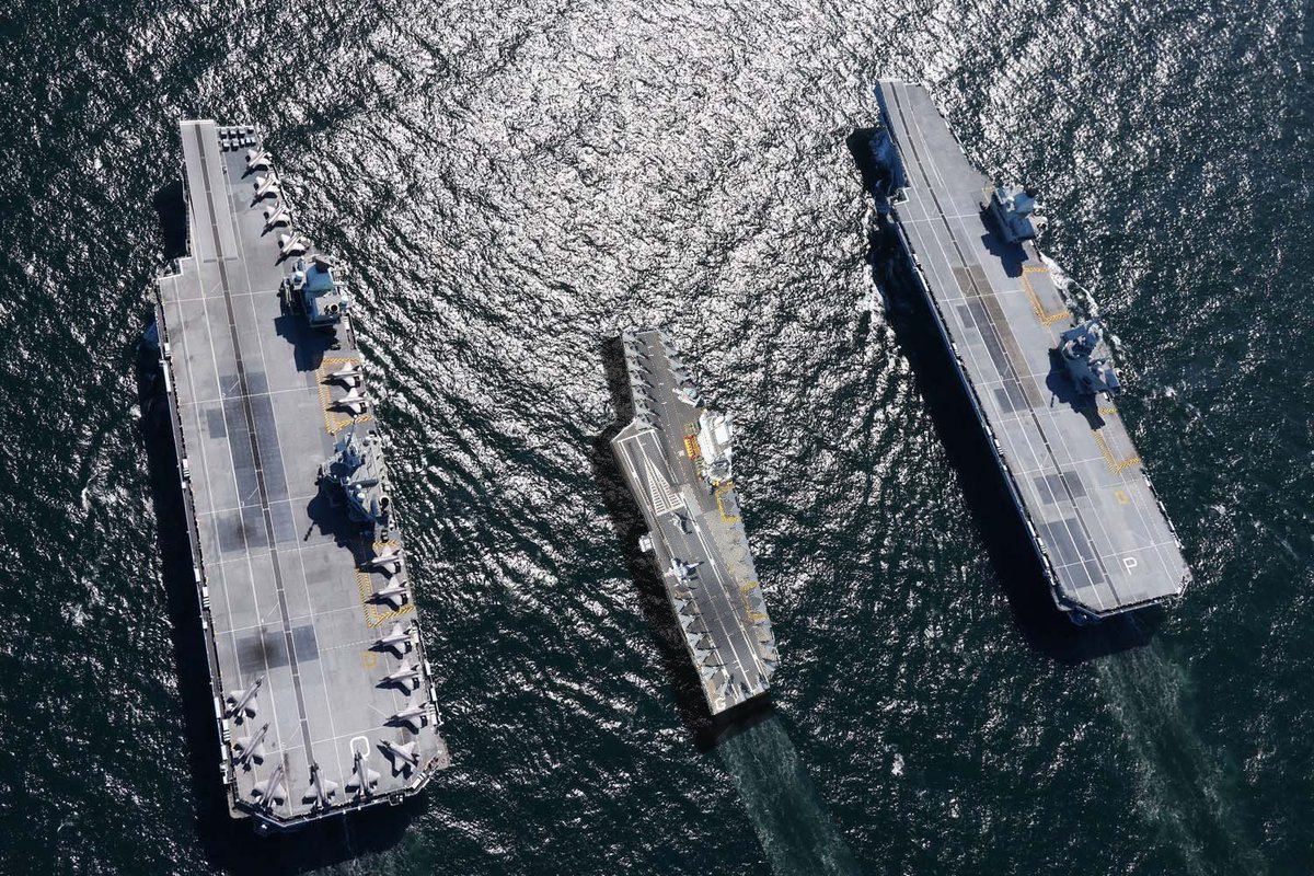 geoallison's tweet photo. 🚨 NEWS | HMS Queen Elizabeth (left) and HMS Prince of Wales (right) have rendezvoused with French aircraft carrier Charles de Gaulle (centre) in the North Sea today. https://t.co/VpKqzXwxTI