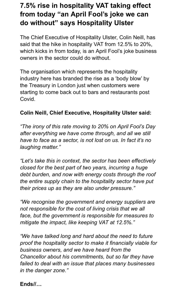 “7.5% rise in hospitality VAT taking effect from today “an April Fool’s joke we can do without” says Hospitality Ulster