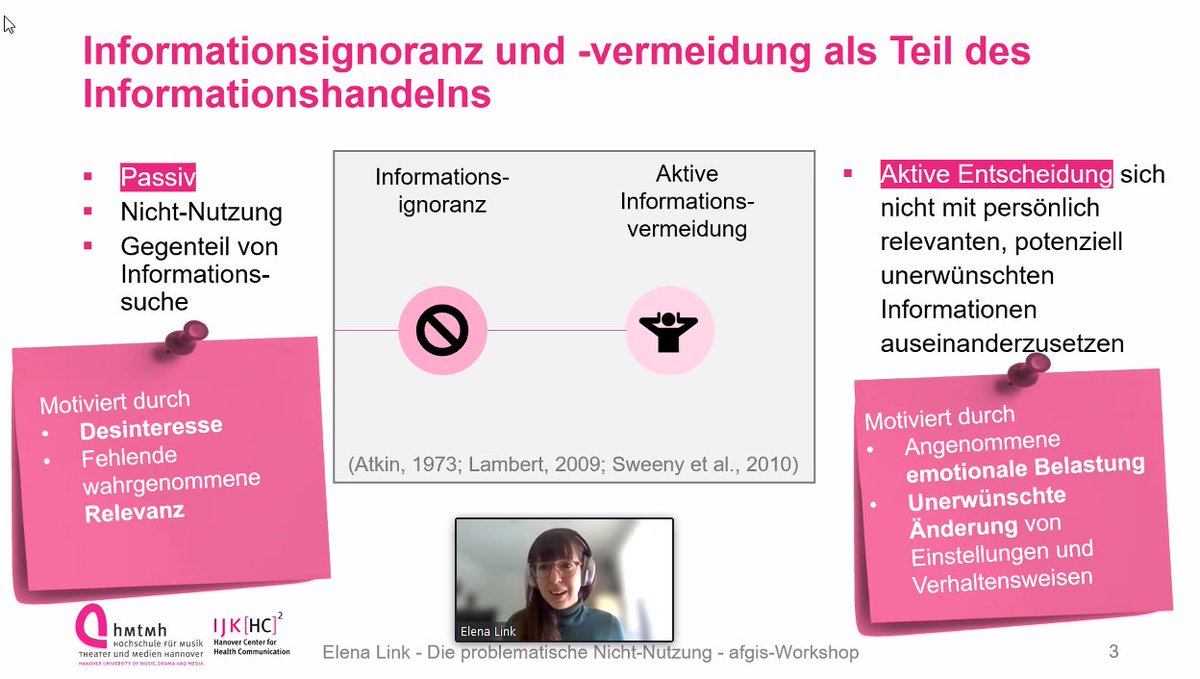 medinfode's tweet photo. . @afgis_de-#Workshop "Wie kommuniziere ich das Richtige richtig?". Zweiter Vortrag von @ElenaLink11:  "Die problematische Nicht-Nutzung: Vermeider*innen und Nicht-Nutzer*innen von #Gesundheitsinformationen." 
#Wissensvermeidung #Informationsueberlastung https://t.co/Ef4lbokPnP
