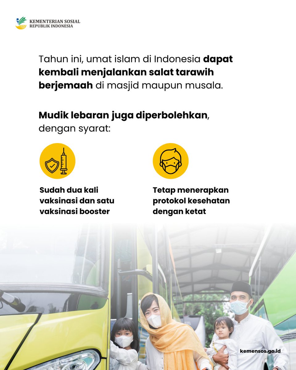 KemensosRI's tweet photo. #SobatSosial, setelah dua tahun pandemi, akhirnya ramadan ini umat Islam di Indonesia diperbolehkan beribadah salat tarawih berjemaah di masjid, lho. Bahkan kita juga sudah boleh mudik lebaran asalkan vaksinasi dosis lengkap dan vaksinasi booster/lanjutan.

#BersatuLawanCovid19 https://t.co/zISwBpuOsy