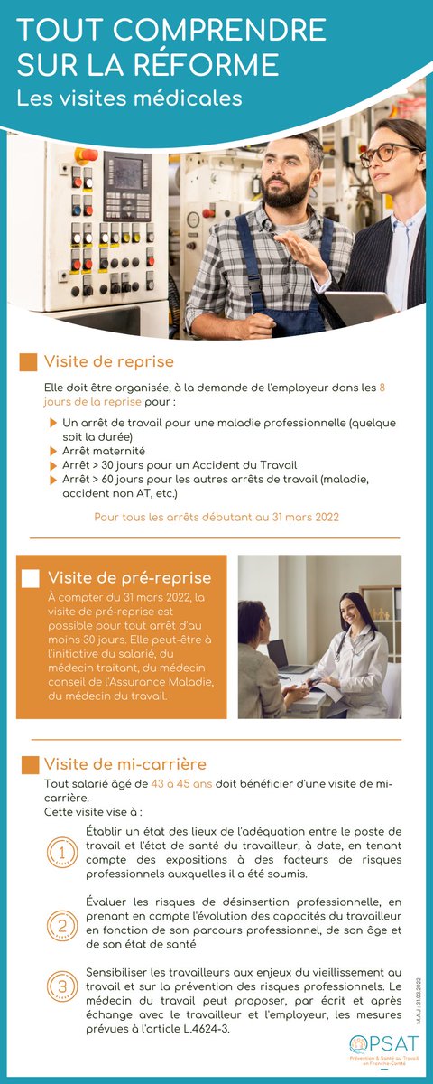 OPSAT9's tweet image. Tout comprendre sur la #réforme !💡
Petit à petit, les #décrets concernant la réforme sont publiés. On vous aide à y voir plus claire 👀
Et aujourd'hui, on vous parle des #visitesmédicales. 🩺
👉 Pour plus d'informations contactez-nous !
#OPSAT #SPSTI #Prévention #Santéautravail