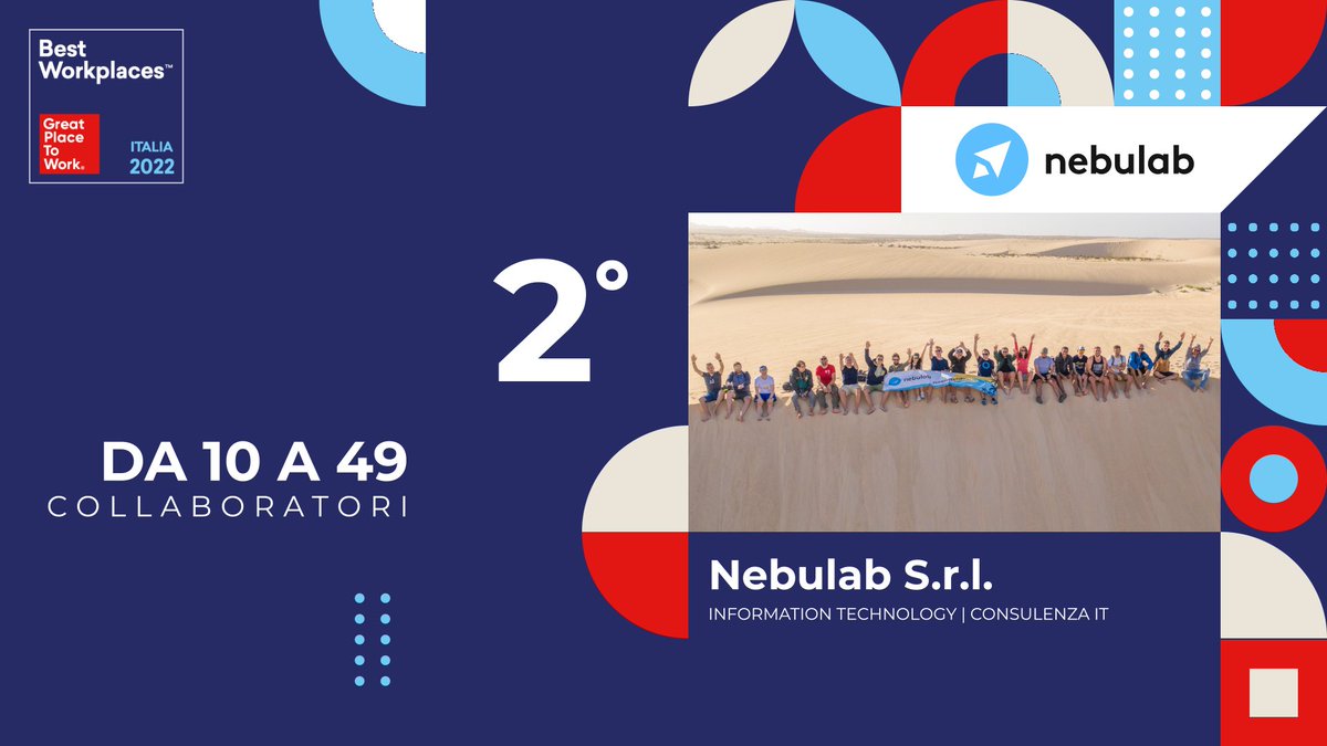 We have been awarded as the 2nd Best Workplace in Italy in the 10-49 people rank!  🎉🎉🎉

buff.ly/3K3HUIg

This badge goes out to all team members who are building an outstanding working culture and made Nebulab one of the greatest places to work.

#bestworkplaces