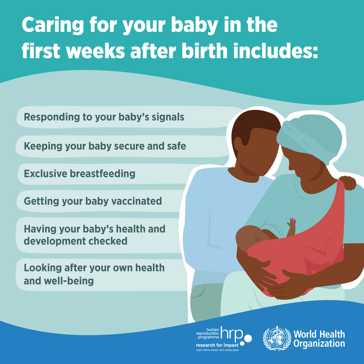 qualitycareNet's tweet photo. Caring for a baby in the first weeks after birth includes:
🐣Responding to baby’s signals
🐣Keeping baby comfortable, warm and clean
🐣Exclusive breastfeeding
🐣Putting baby to sleep on their back
🐣Vaccinations
🐣Development check ups
🐣Looking after yourself
#SRHR https://t.co/xsgYax1V5d