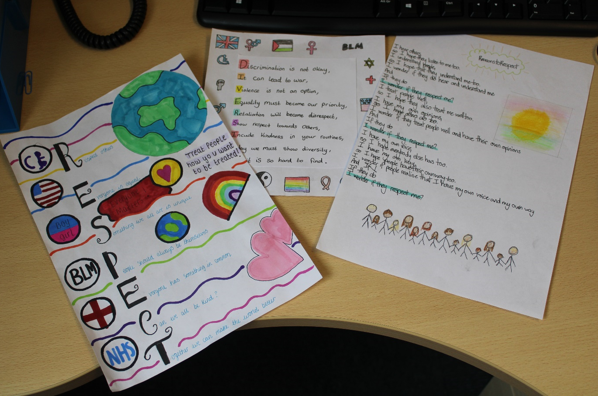MarshlandHS's tweet photo. Some excellent work completed based on Respect and the theme of “We have more in common than that which divides us” as part of the Spirited Arts competition completed by year 7 during Super Learning Day. #MHS #Y7SLD https://t.co/KA5pmEDIbO