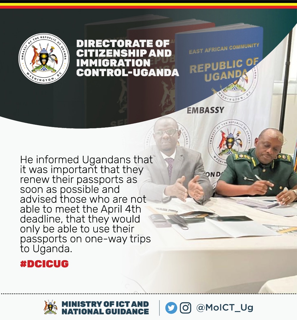 Dianpro15's tweet photo. Key To Note:

Ugandans that haven't renewed their passports and beat the deadline of 4th April are to use their passports on one-way trips to Uganda.#DCICUG 
@MIA_UG @UgandaMFA @DCICUg
@azawedde @MosesWatasa https://t.co/B8znelNVPl