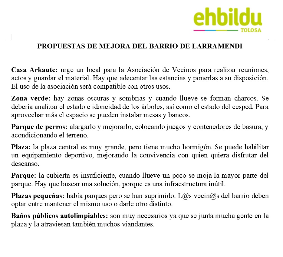 EHBilduTolosa's tweet photo. En el camino para mejorar Tolosa nos hemos reunido con @LarramendiBizi Auzo Elkartea para identificar y definir conjuntamente las necesidades del barrio.

Desde EH Bildu Tolosa tenemos el firme compromiso de seguir trabajando para llevar a cabo las mejoras acordadas.👇 https://t.co/hD3R1U1228