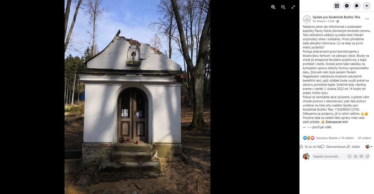 moravskyturista's tweet photo. Obnova kapličky u bludovského Kostelíčka, kterou nedávno poškodil pád stromu: 3. 4. se koná benefiční akce Vlčím dole, případně je možné přispět na účet 1102096001/2700 #bludov #sumperk #kaple #jeseniky https://t.co/uesttmXdXV