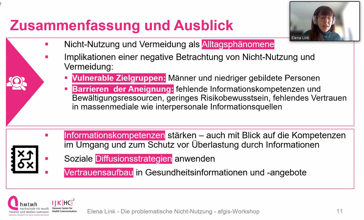 medinfode's tweet photo. . @afgis_de-#Workshop "Wie kommuniziere ich das Richtige richtig?". Zweiter Vortrag von @ElenaLink11:  "Die problematische Nicht-Nutzung: Vermeider*innen und Nicht-Nutzer*innen von #Gesundheitsinformationen." 
#Wissensvermeidung #Informationsueberlastung https://t.co/Ef4lbokPnP