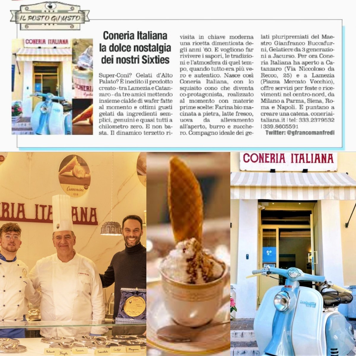 GFrancoManfredi's tweet photo. Nasce in #Calabria e punta a diventare un brand nazionale il nostalgico #ConeriaItaliana
Ripropone, esaltandone la qualità, i coni gelato degli #Anni60
Ma pure le tradizioni e l'atmosfera dell'epoca. Quando tutto era più autentico e genuino
#LameziaTerme
#Jacurso
#Catanzaro https://t.co/hX3Jf37WNK