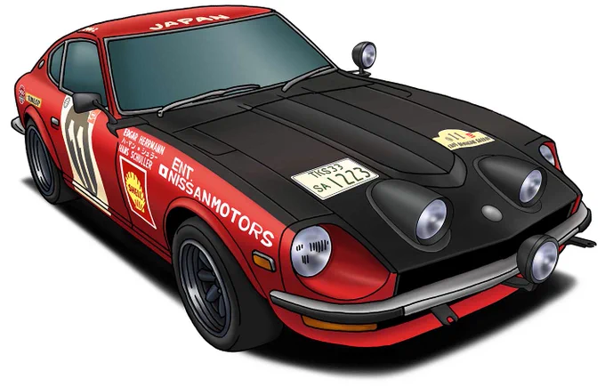DUTSUN フェアレディ240Z  HS30型(1971年)
510ブルに続きサファリラリー連覇を狙う日産が投入した新型ラリーマシン。輸出用のL型2.4ℓエンジンは210psに引き上げられ、過酷なサファリラリーでもパワーと信頼性を発揮し総合優勝を勝ち取る。モンテカルロでも入賞しラリーの日産を世界に知らしめた。 