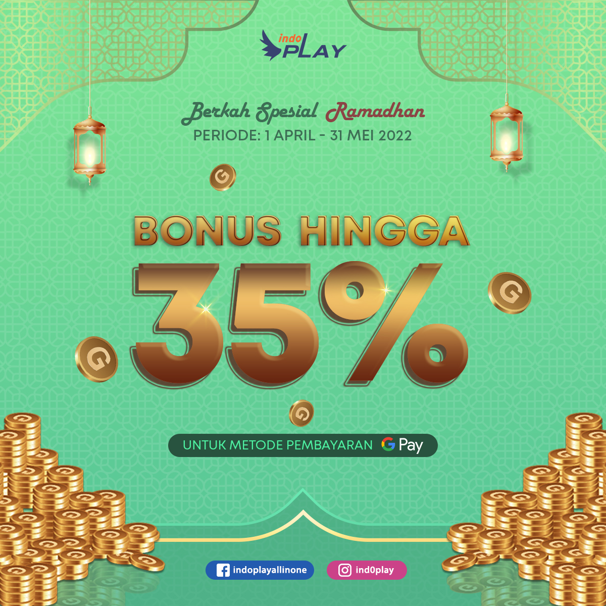 ind0PLAY's tweet photo. Indoplayer, yuk nikmatin Berkah Ramadhan dari Indoplay. Masa gak mau sih dapetin BONUS 35% GOLD? Pasti mau dong! Yuk top up pakai in-app payment sekarang dan dapatkan Bonusnya! 💚 Detail event : https://t.co/8EyTec8Jb7

#RamadhanMubarak https://t.co/nLfQxa8THn