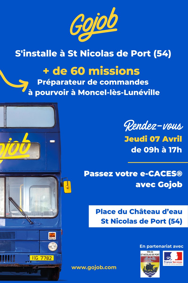 [Emploi] Un bus Gojob sera présent afin de proposer des postes sur le site de Carrefour Supply Chain à Moncel-Lès-Lunéville. Les recrutements se feront lors de la journée "job dating'' du jeudi 7 avril 2022 à St Nicolas de Port.