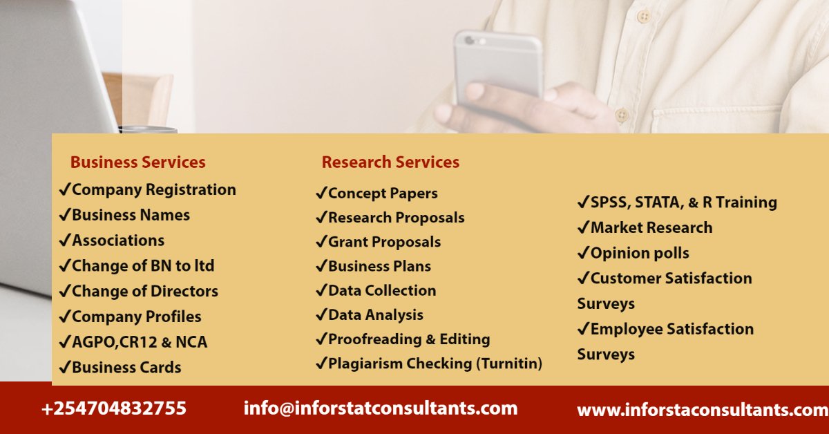 We offer guidance in Company & Business Registration Services in Kenya. We also offer Market Research and Analysis. 
 +254704832755
#BBIFinalVerdict
#AprilFoolsDay
Albert Ouma
Happy New Month
Supreme Court
#KateniMiti
#UpgradeNaAirtel4G
#TechWeekExplosion
The BBI
Null and Void https://t.co/HZ8VxRWCLo