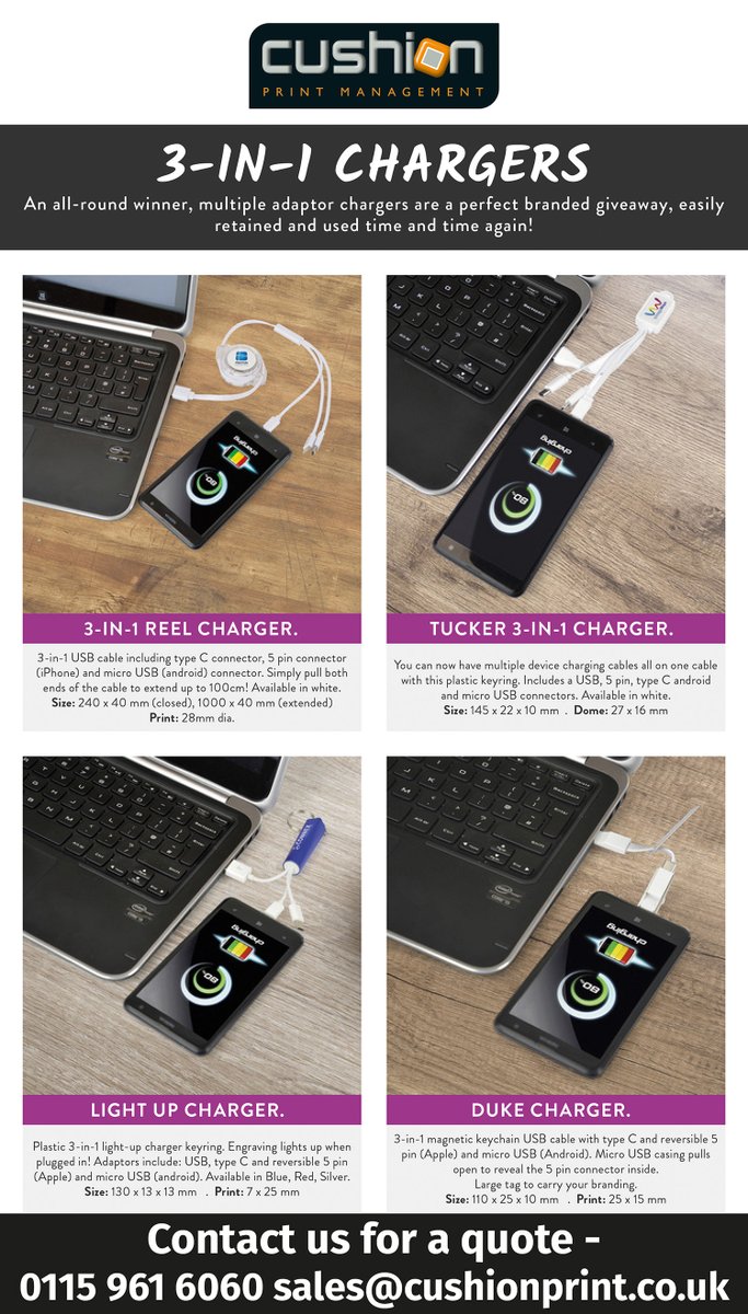 CPMPrintMedia's tweet image. 3in1 Chargers. All round winner, multiple adaptor makes perfect branded giveaways. Tel 0115 961 6060 or sales@cushionprint.co.uk #brandedgiveaways #3in1chargers #multipleadaptor #brandecharger