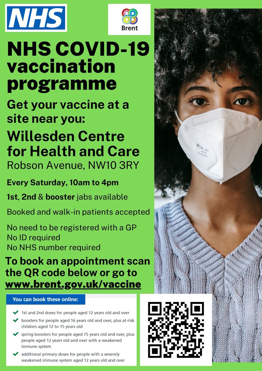 Brent_Council's tweet photo. The Willesden Centre for Health and Care has a COVID-19 vaccination programme running every Saturday between 10am and 4pm. First, second and booster jabs are available and walk-ins and appointments are accepted. Make sure you keep yourself fully protected against the virus. https://t.co/S3ydSsz6ri