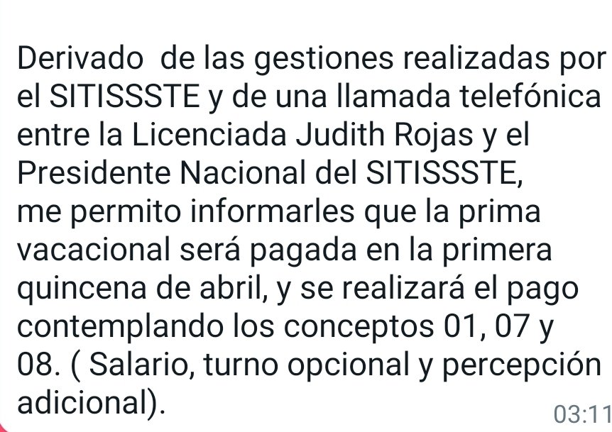 Les comparto el resultado de la gestión realizada por la Presidencia Nacional del SITISSSTE.