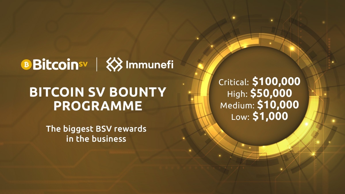 BSVAssociation's tweet photo. Where do you go to see the biggest bounties offered for responsible disclosure of bugs and vulnerabilities on the #BSVblockchain?
The #BitcoinSV #BugBounty Programme: https://t.co/4wydhWkohR
#BSVBugBounty #BlockchainBounty #BitcoinBugBounty https://t.co/k2L3ijXaoc
