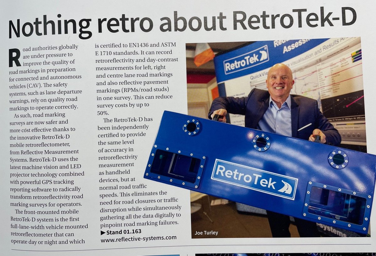 RetroTek_RMS's tweet photo. Great to see an article about our innovative retroreflectometer in the @intertraffic Show Magazine. Cutting survey fuel costs and time by up to 50% #RoadSafety #Retroreflectivity #Intertraffic #Intertraffic2022 #IntertrafficAmsterdam https://t.co/GZCWjv8GxL