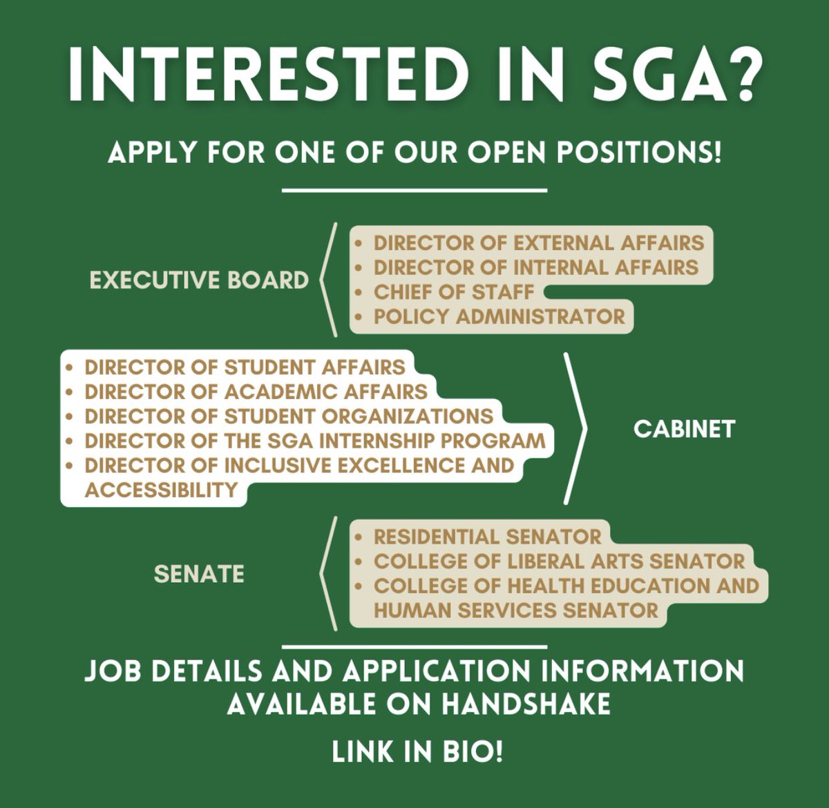 WSU Student Government Association (@sga_wsu) on Twitter photo Are you interested in joining SGA?? Well I have good news! Heading into the next semester we have multiple open positions to fill. For job descriptions and application information, visit the Handshake link in our bio! Applications officially open April 4th Are you interested in joining SGA?? Well I have good news! Heading into the next semester we have multiple open positions to fill. For job descriptions and application information, visit the Handshake link in our bio! Applications officially open April 4th