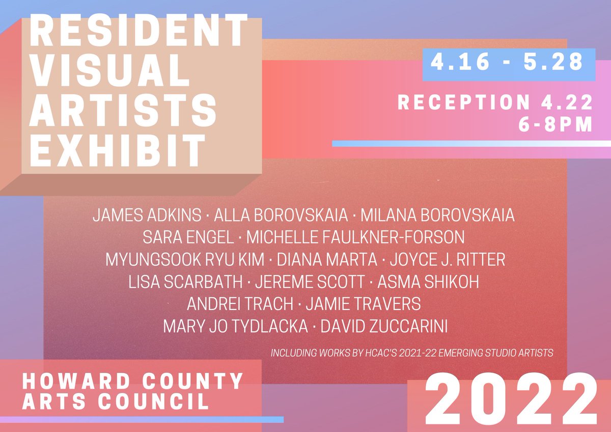 hocoarts's tweet image. Coming soon: Resident Visual Artists Exhibit 2022, featuring artists with studios at HCCA. Also features work by 2021-22 Emerging Studio Artists.
4/16-5/28. Mon-Fri 10-8, Sat 10-4, Sun 12-4. Reception: 4/22, 6-8pm

#hocoarts #RVAE2022 #residentartistsexhibit #hocomd #hocoexhibits