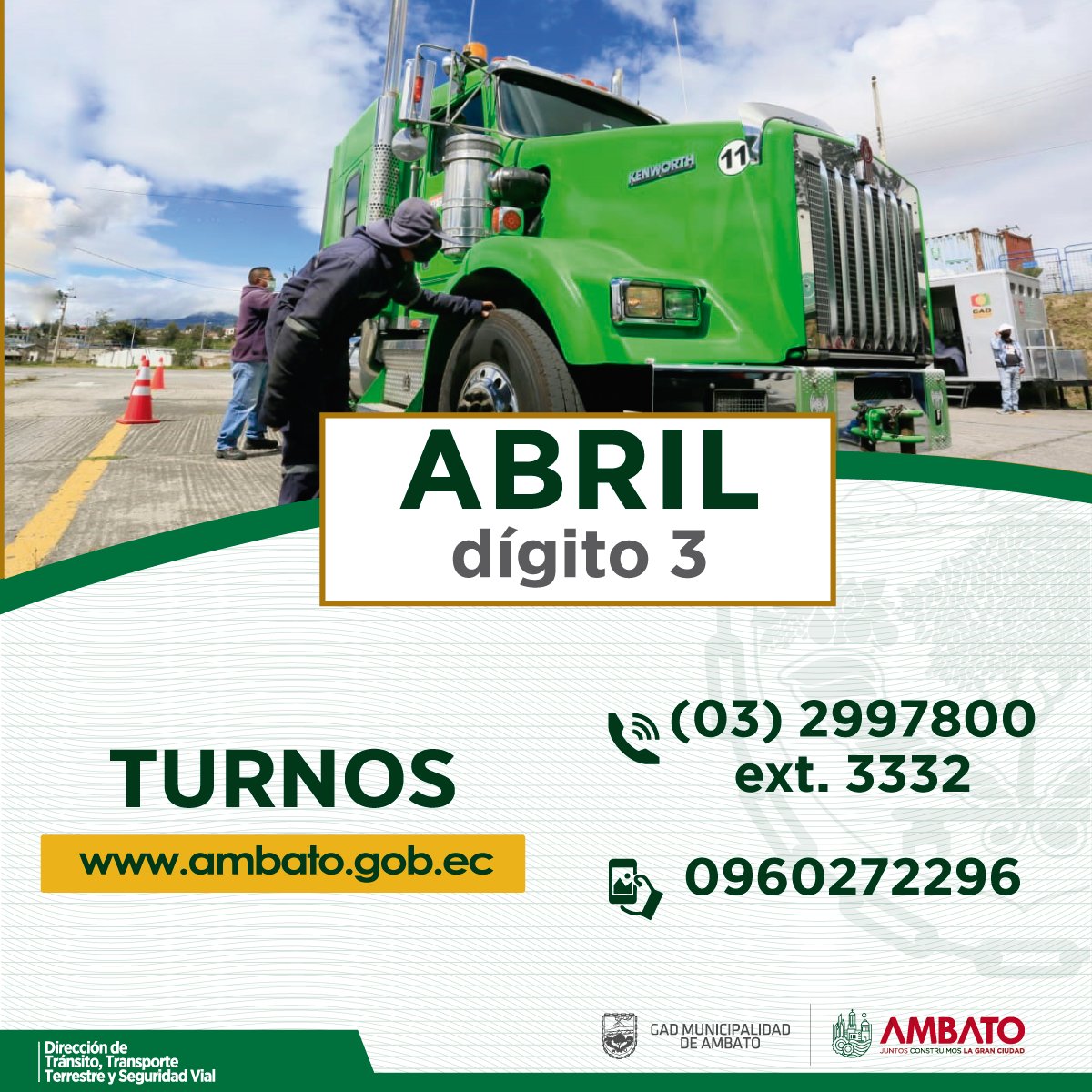 Para el mes de ABRIL se matriculan los vehículos con dígito 3.
Para obtener un turno puedes ingresar al siguiente link: 👉👉👉gadmatic.ambato.gob.ec/turno/ o comunicarte a los números de nuestros call center.