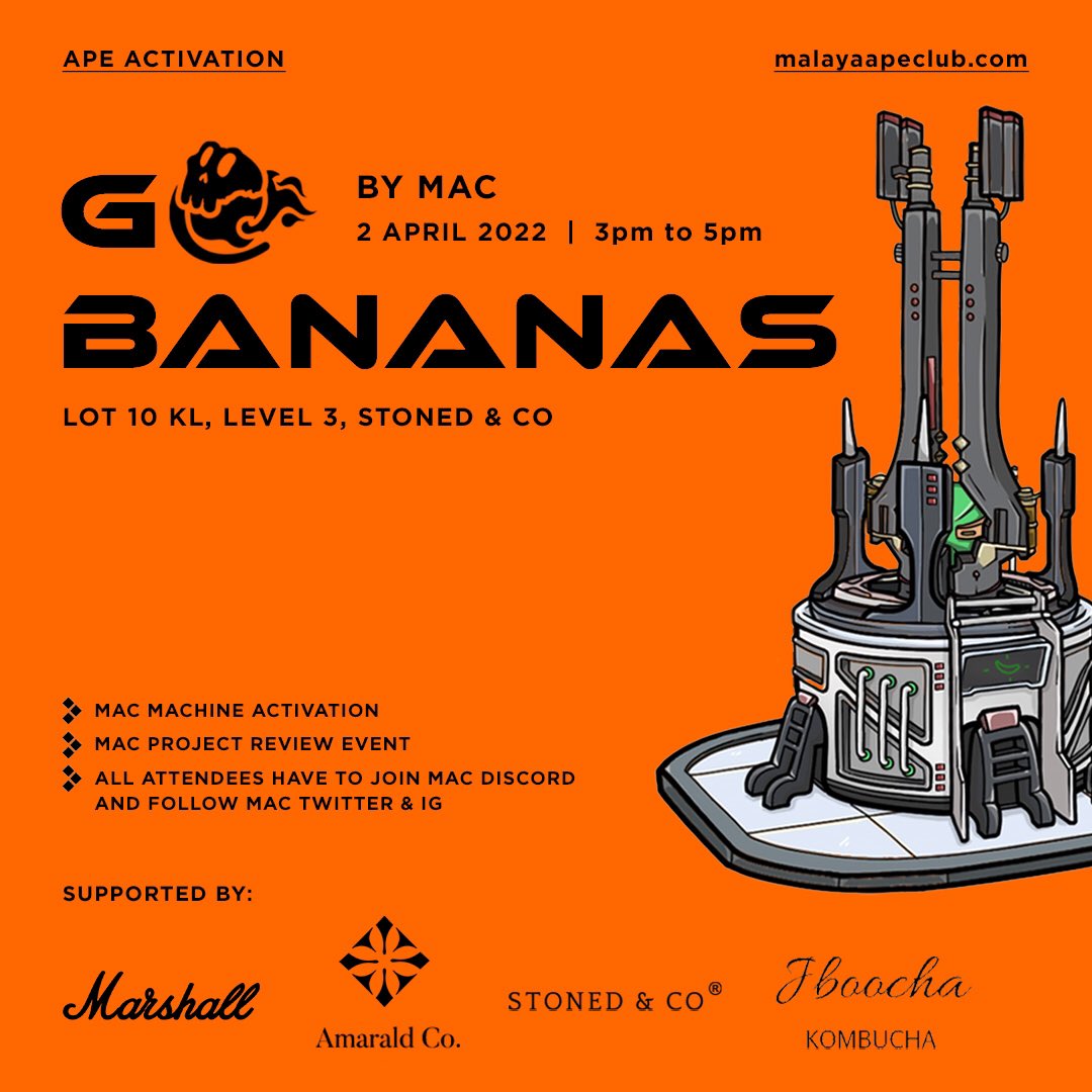 malayaapeclub's tweet photo. Can’t wait to let the apes out tomorrow! See you guys 3pm at Lot 10 Stoned &amp; Co with more alpha and let’s go #APEshit together 🔥🔥🔥

#mac #gobanana #malayaapeclub #apeshit https://t.co/cxXqf4mXSs